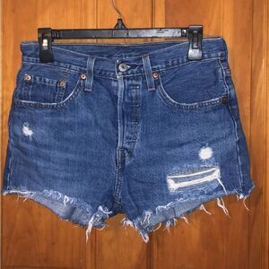 99b. Levi’s 501 Denim Distressed button fly Shorts size 27